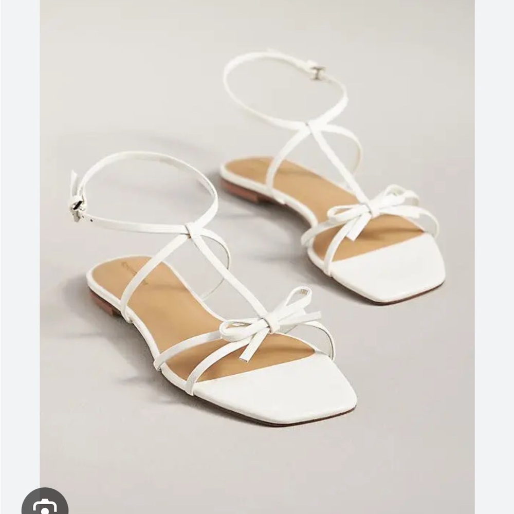 Reformation Maya bow sandals in white leather T strap sandals, silver hardware